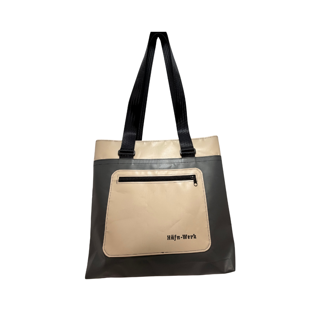 Shopper "Pauline" in Grau-Creme mit Aufdruck "Häfn Werk"